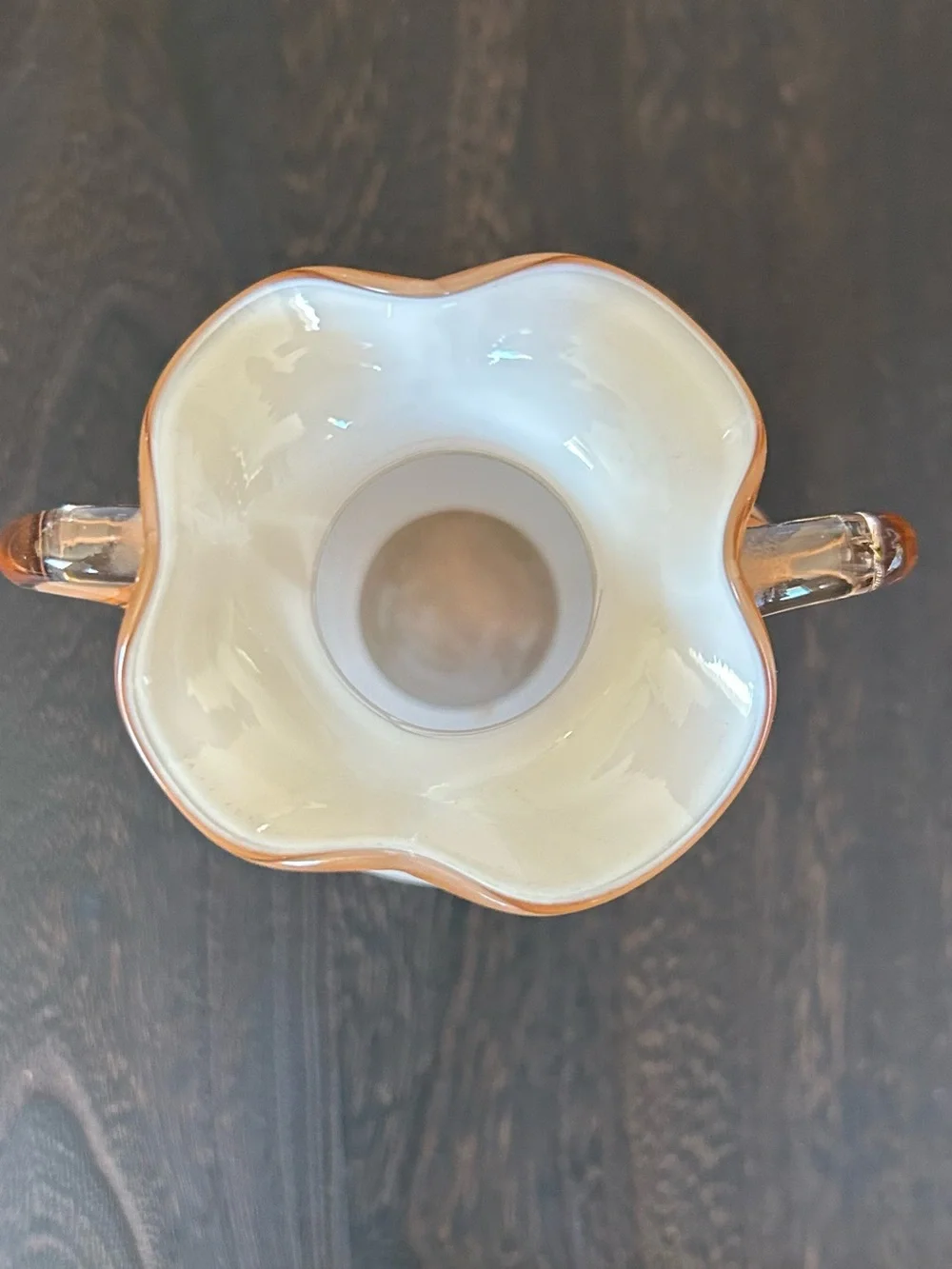 Antique 1920s–1930s Czechoslovakian Art Glass Vase Blush Pink Ruffled Double Han